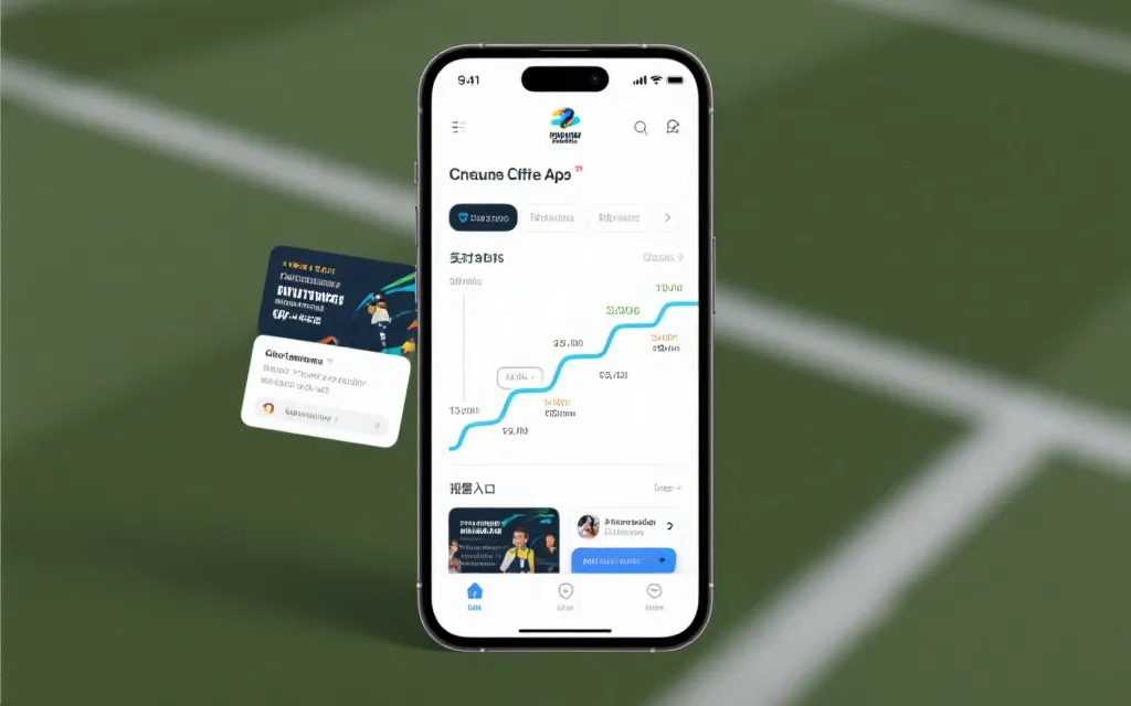 手机界面展示世界杯官方应用的赛程、实时数据、互动投票与多视角按钮，干净现代的UI